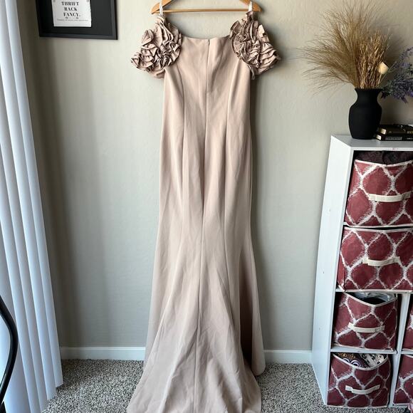 NEW Alexander Daymor Gown Tan Embellished Bateau Trumpet Maxi Dress Size‎ 10 - Picture 7 of 9
